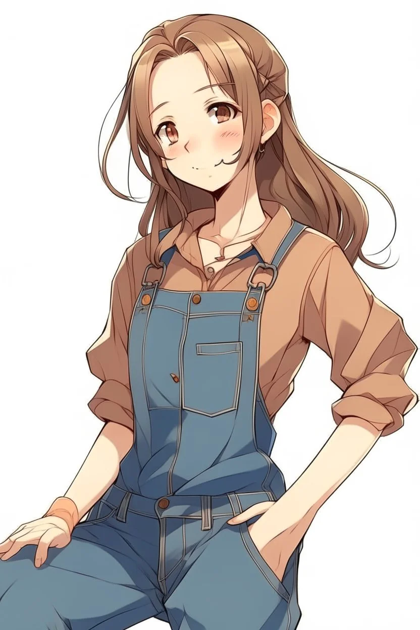 brown hair in a ponytail anime girl in jean overalls