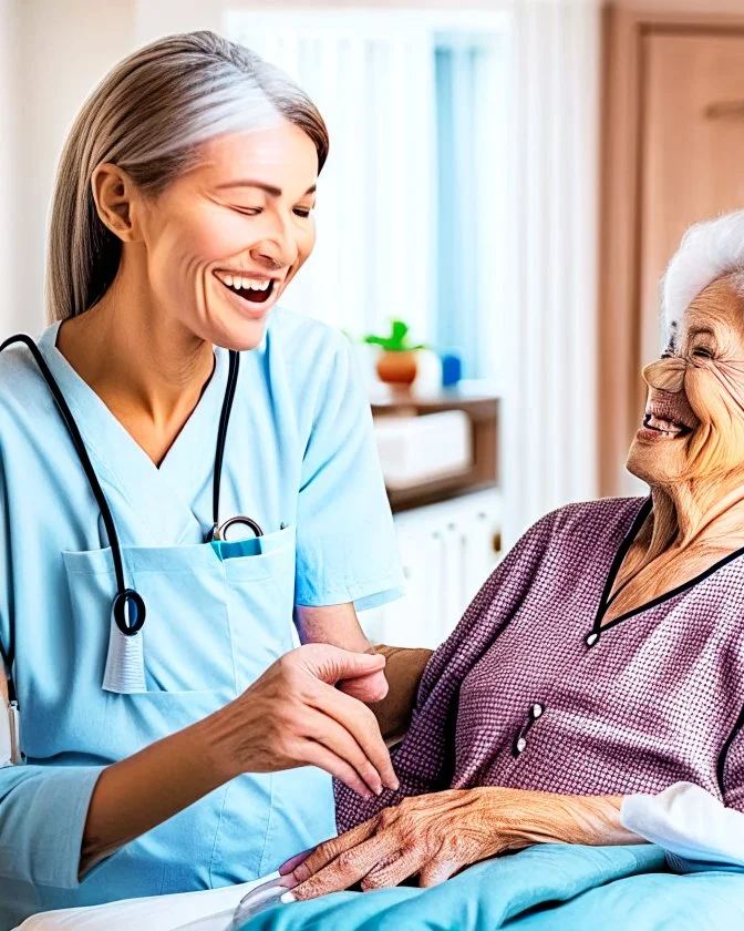 A warm, inviting image of a caring nurse providing personalized care to a smiling patient at home