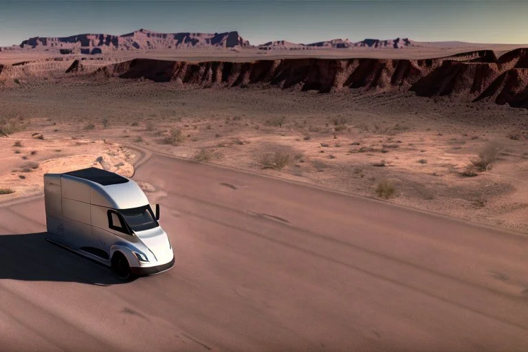 A Tesla 'Semi' (semi truck) is parked, in the Mojave Desert. (CINEMATIC, WIDE ANGLE LENS, PHOTO REAL)