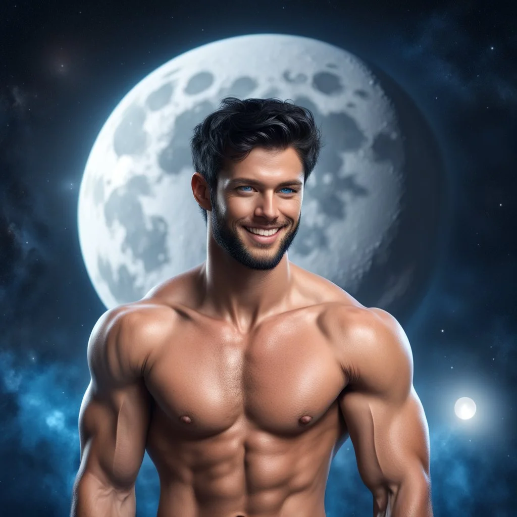 Hyper Realistic Shirtless Muscular Young Handsome man with beard & short black hair & blue eyes on moon smiling in outer space