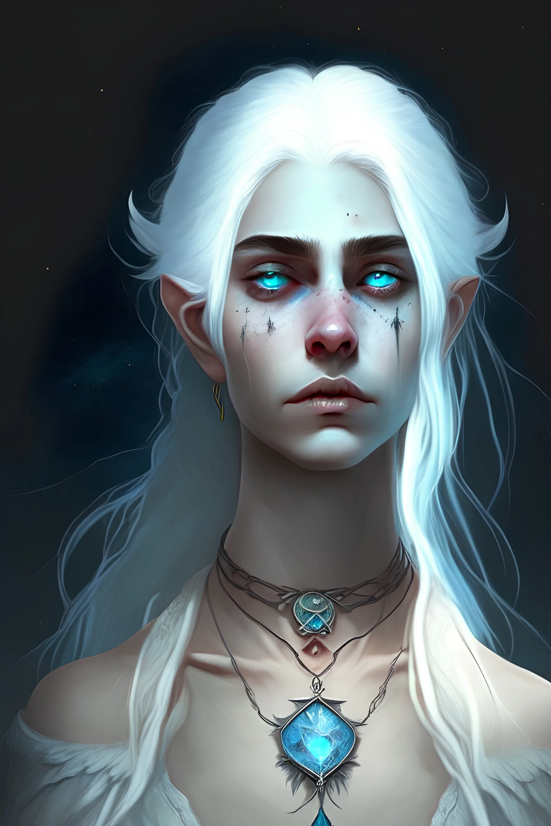 hauntingly beautiful character for dnd, young woman with white hair and blue eyes, angel, with moon necklace, scarred neck