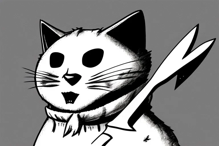 Cat diabolical smiling with a bloody knife with blood. Comic style