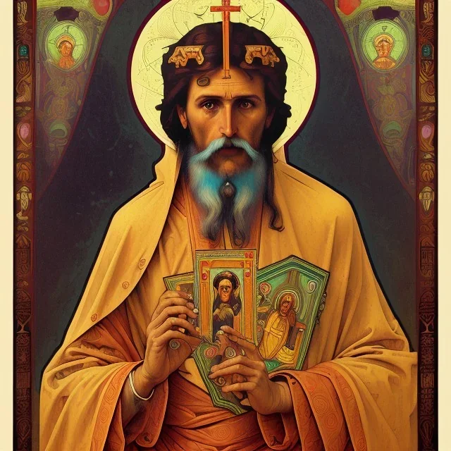 patron of photographers holding a camera in one hand and film roll in the other. orthodox icon with saint photographer. Cyrillic inscriptions. hyperdetailed, Alphonse Mucha, Zdzisław Beksiński, poster, illustration, ink, oil on canvas, 18th century atlas