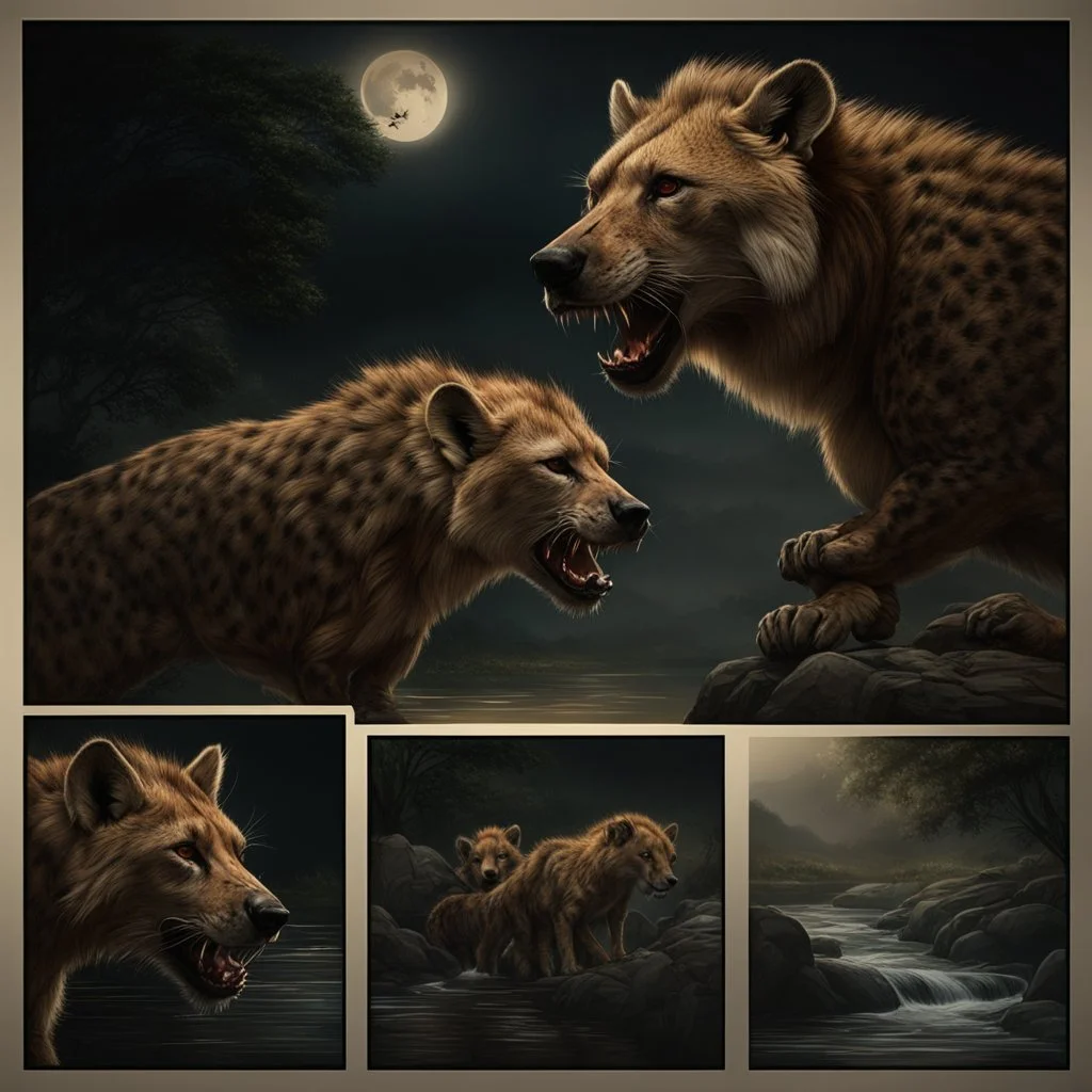 Hyper Realistic Angry-Hyenas & Attacking Angry-Lions on with river-water flow, big-stones & fireflies at dark-night showing dramatic & cinematic ambiance