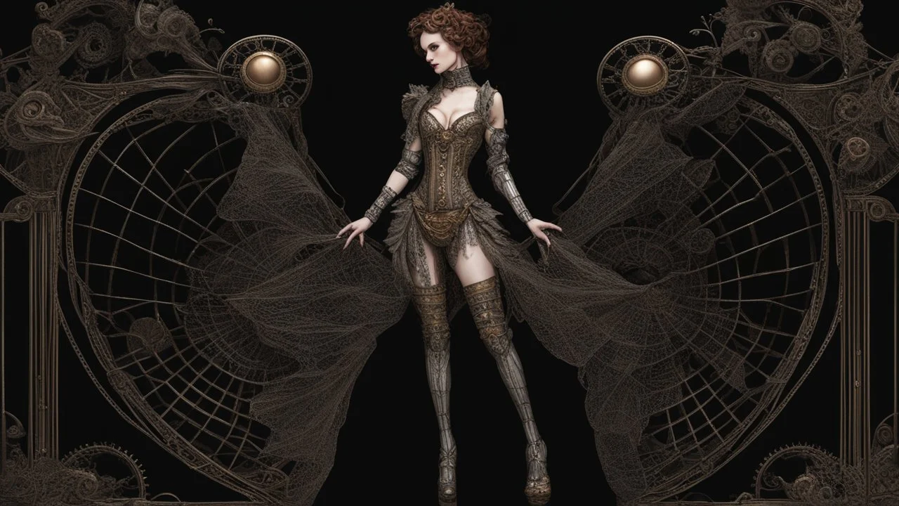 full length, steampunk delicate metal woman, lacewings, black background