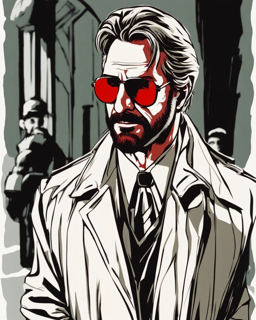 a dsgusted hans gruber wearing a trench coat and red sunglasses