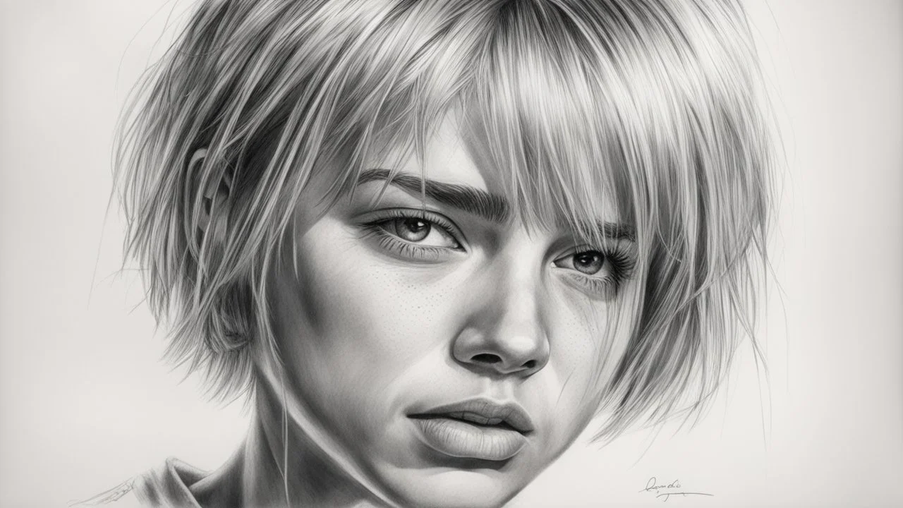 Black and white pencil sketch of 1990s blonde short hairstyle, tears, crying, 9th floor, photorealism, 3d, 64k, high resolution, hyperrealism, f/16, 1/300s.