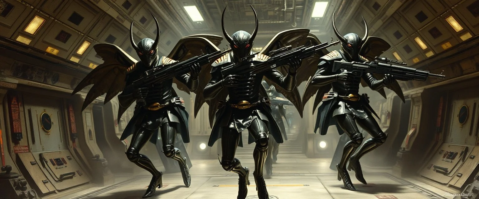 master oil painting by Rembrandt, insectoid Nephilim fascist trauma watchers glistening uniform with insignia, dancing weapon dance in messed up space ship, in the style of Giger