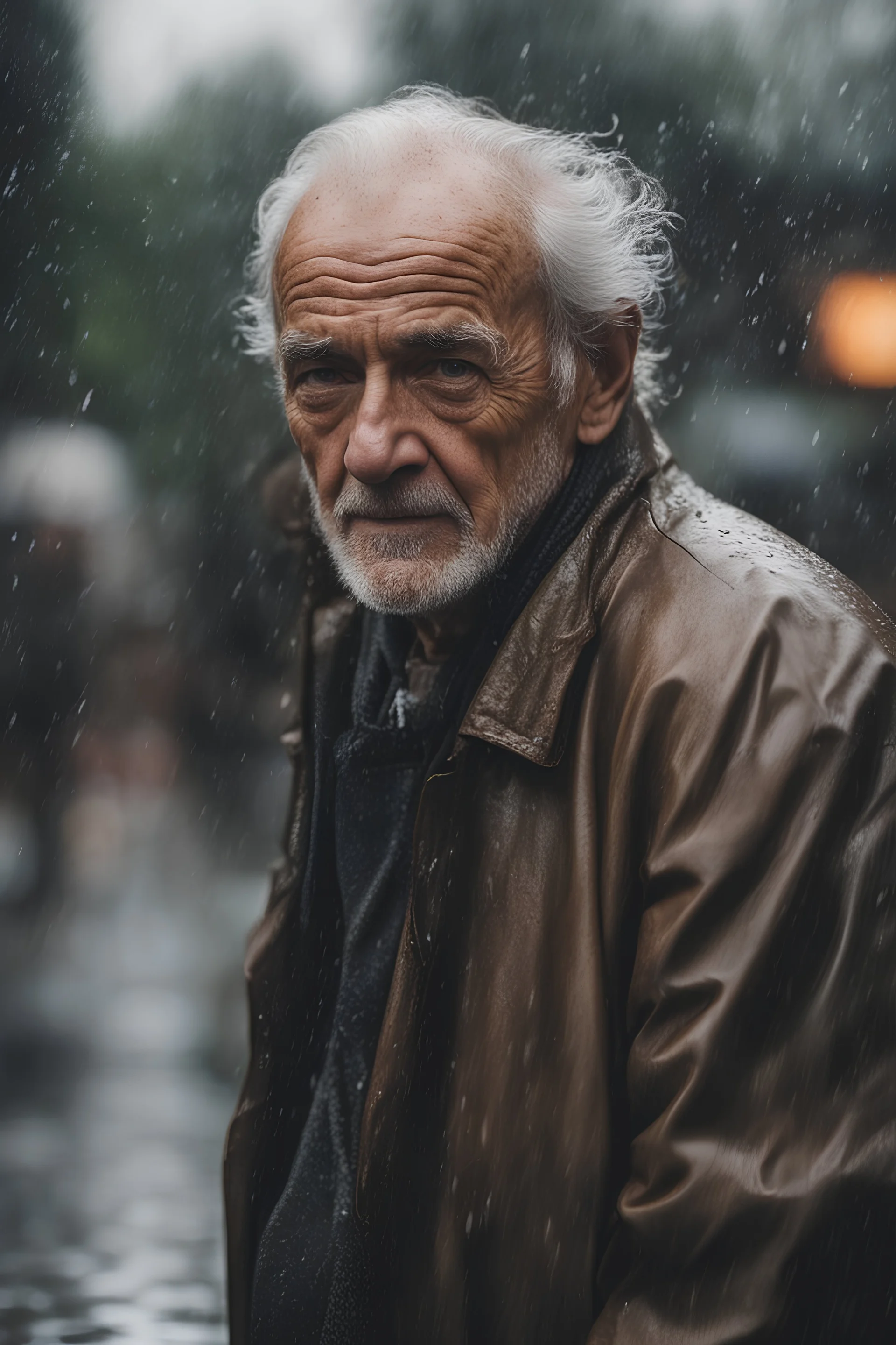 Ultra realistic A photograph of an old man walking in the rain making eye contact with the viewer in a mid-shot view, futuristic style, HOF, captured with professional DSLR camera,64k, ultra detailed,