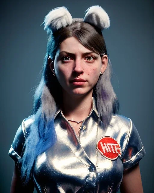 Portrait, waitress woman with monster muppet mask that covers her entire head, retro style, Sesame Street style, silver, smooth, unreal engine 5, god lights, ray tracing, RTX, lumen lighting, ultra detail, volumetric lighting, 3d.