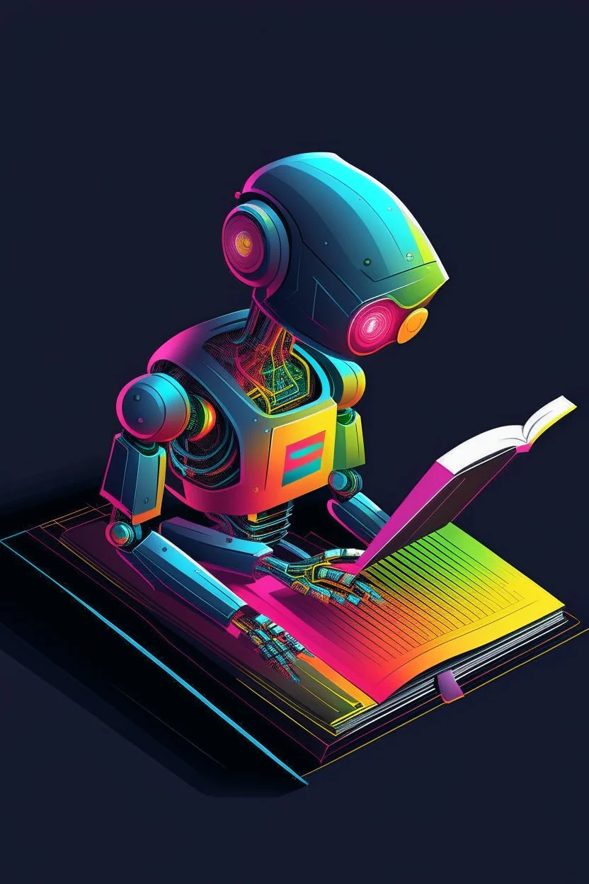 generate a color front cover simplistic illustration representation of Ai metalic bot editing a book