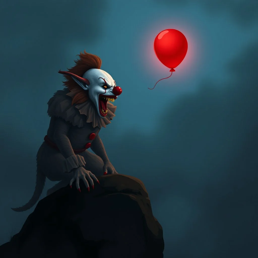 fantastical digital illustration, werewolf with the head of Pennywise the clown on all fours yelling at a red balloon floating far away in the night sky while standing on a boulder at midnight, fog, low contrast,