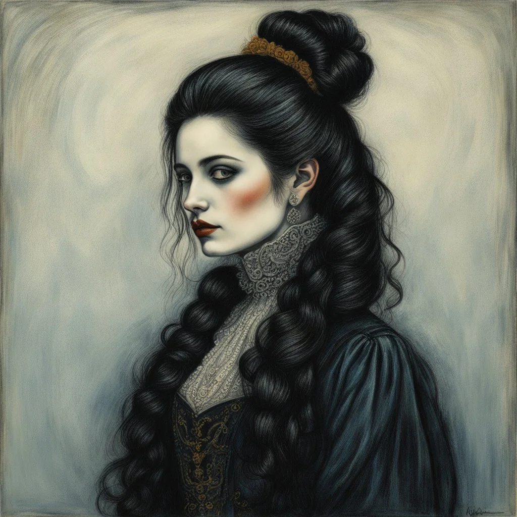 create a 3/4 profile, full body oil pastel of a dark haired, savage, ornately dressed, gothpunk vampire girl with highly detailed , sharply defined hair and facial features , in a foggy 19th century Moscow, in the style of JEAN-FRANCOIS MILLET and MARY CASSATT