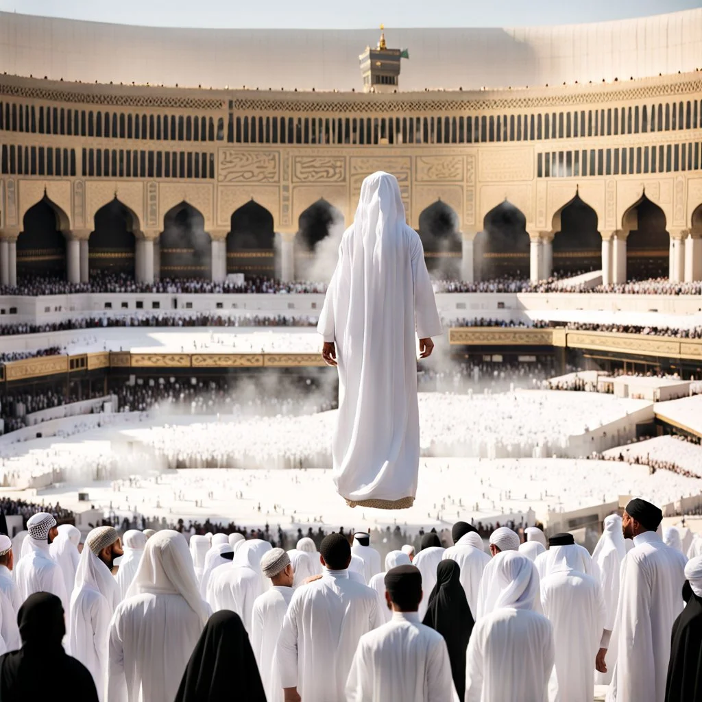 The scene in Mecca: People wearing white Ihram clothes, men without head coverings, women with veils, circumambulating around the Kaaba, and above them are transparent white spirits of children, men, and women with wings revolving around the Kaaba.