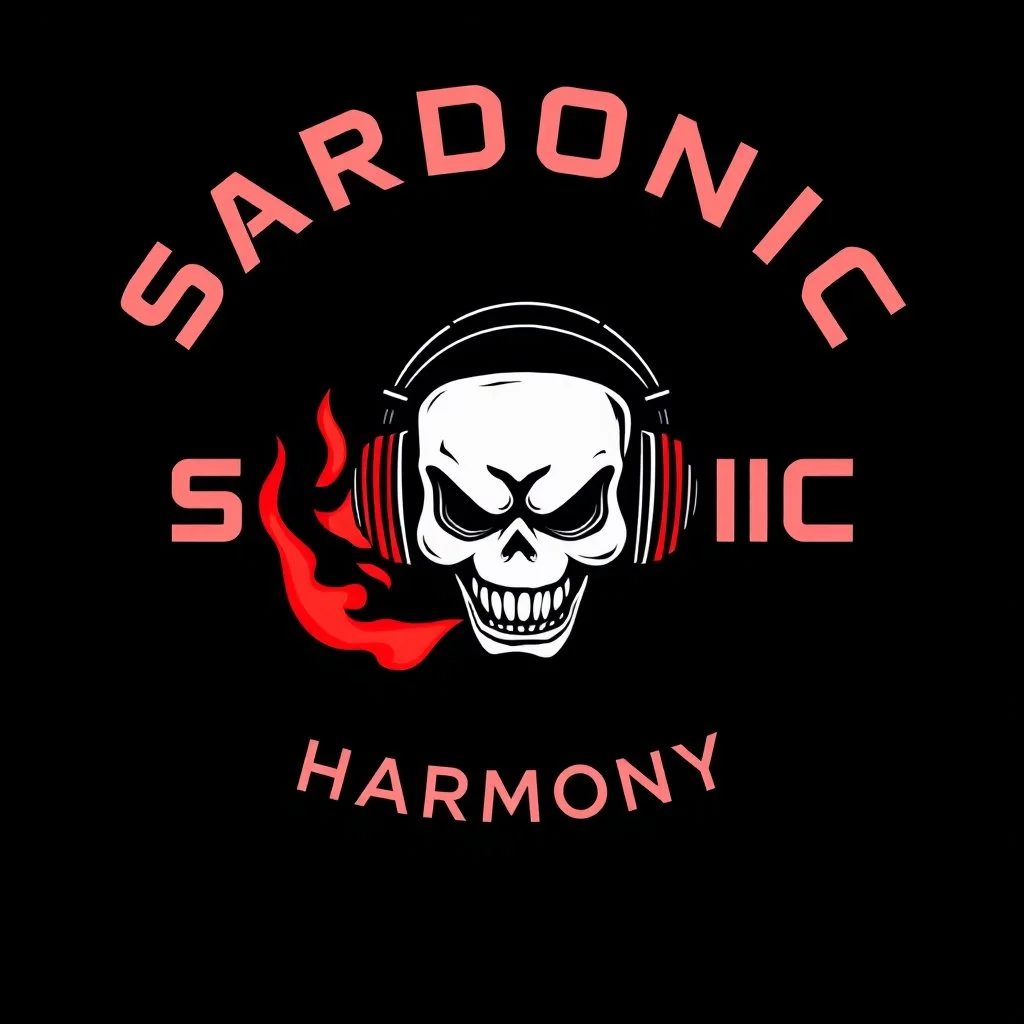 A minimalist logo for a rock band. The text "SARDONIC HARMONY" is written in a futuristic, robotic font. Below the text, there is a sinister, evil marshmallow head with headphones. The marshmallow head is breathing red flames. The background is dark. The logo has a horror theme. It is inspired by the styles of Ed "Big Daddy" Roth