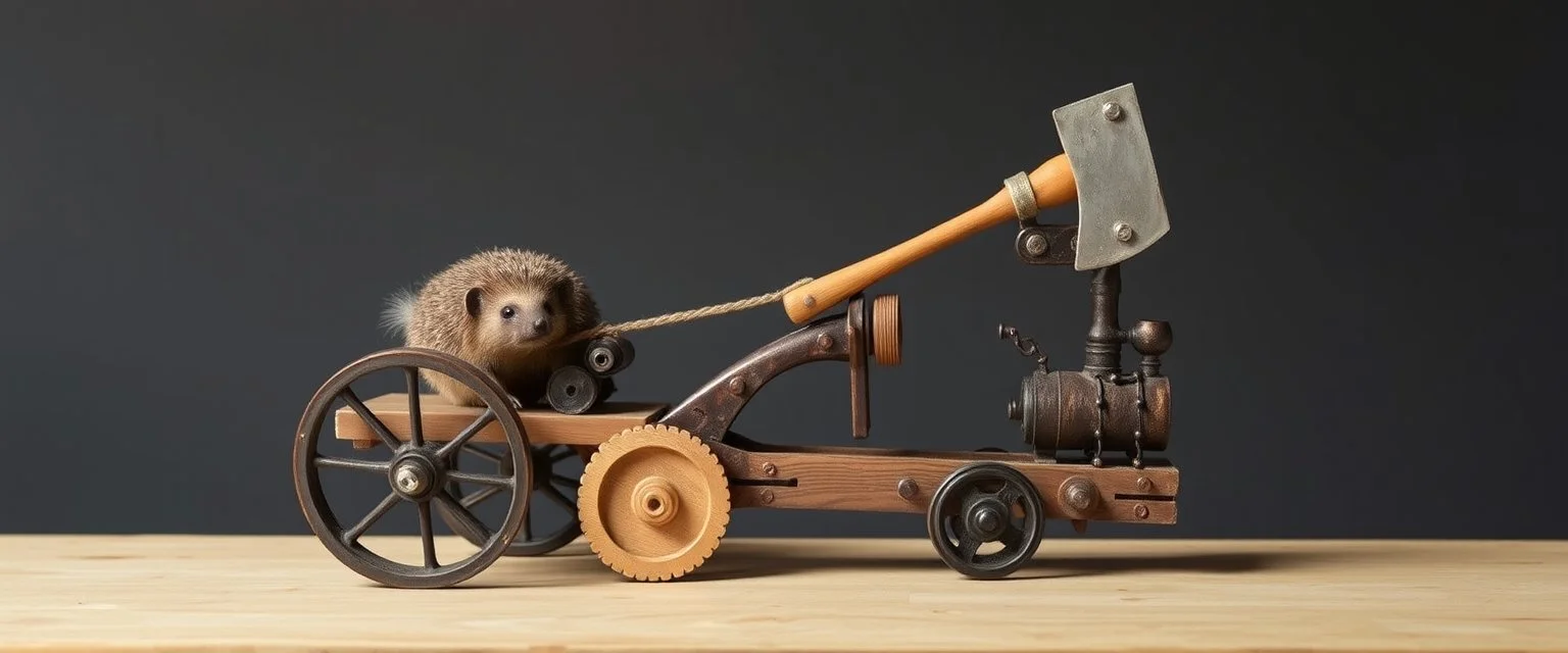 Gnome invention, winning prize at gnome convention, The Lumb-O-Tron A jury-rigged combination of a cart, pulley system, and an axe designed to chop down trees. The motion is powered by {a hedgehog i a wheel treadmill spurred by a carrot on a stick | a crude stationary bicycle | a tiny steam engine heated by a red pseudodragon in the chamber}