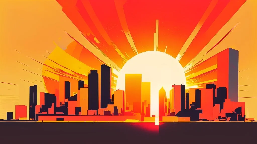 minimal design,shapes, synthwave, synthwave sun, synthwave city, simple,iconic:1.8), Explosion of color in city, comic style