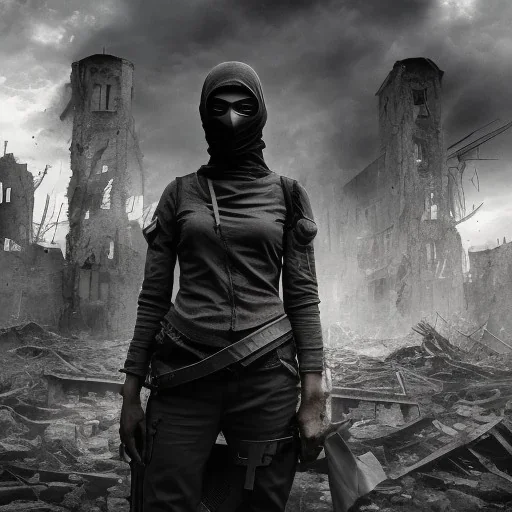 women, faces covered in black masks, ragged clothes, holding flag, war-torn, destroyed city in the background, 8k resolution, hyperrealistic, detailed matte painting, b&w, dynamic lighting, war, anarchy, terrorists