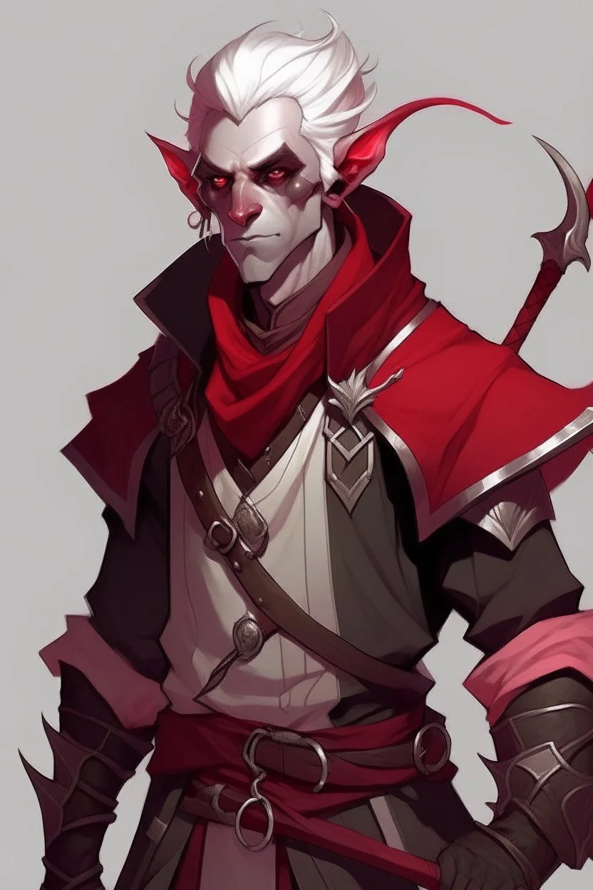 lowborn rogue male dark-red demon tiefling white hair dnd