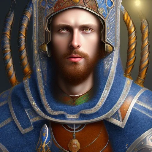 Man , With Medieval Helmet, in Blue Medieval Armor , Blue glowing eyes