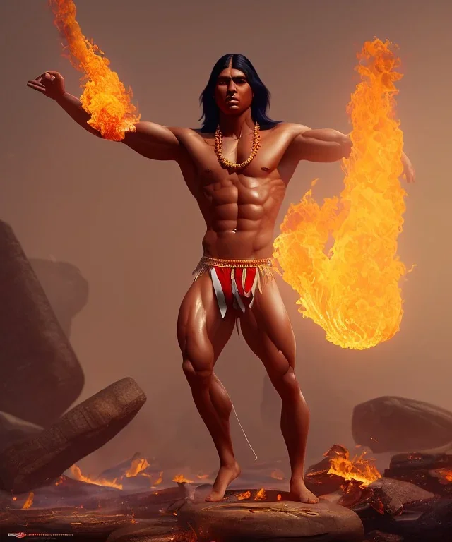 native american warrior, long black hair, dancing on top of fire, big muscles, loincloth, shirtless, 8k resolution concept art portrait by Greg Rutkowski