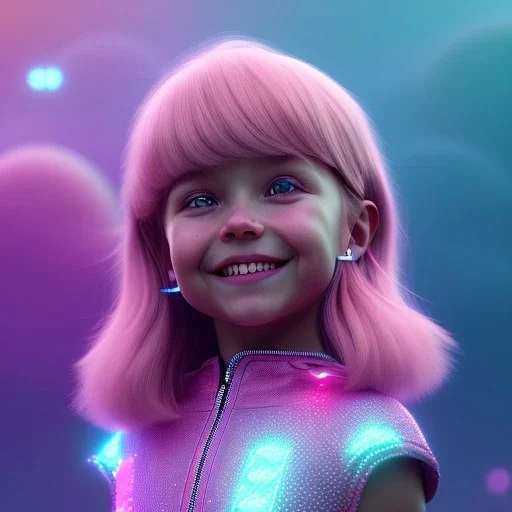 A portrait of a crystalised little girl,smiling, longs hairs, atmospheric, realistic,, cinematic lighting, octane render,, pink turquoise light