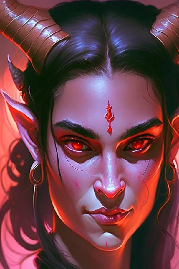 purple skin, glowing fiery eyes, smirk, soft female face, beautiful, graceful, horns from forehead, pontail, black hair, sidebangs