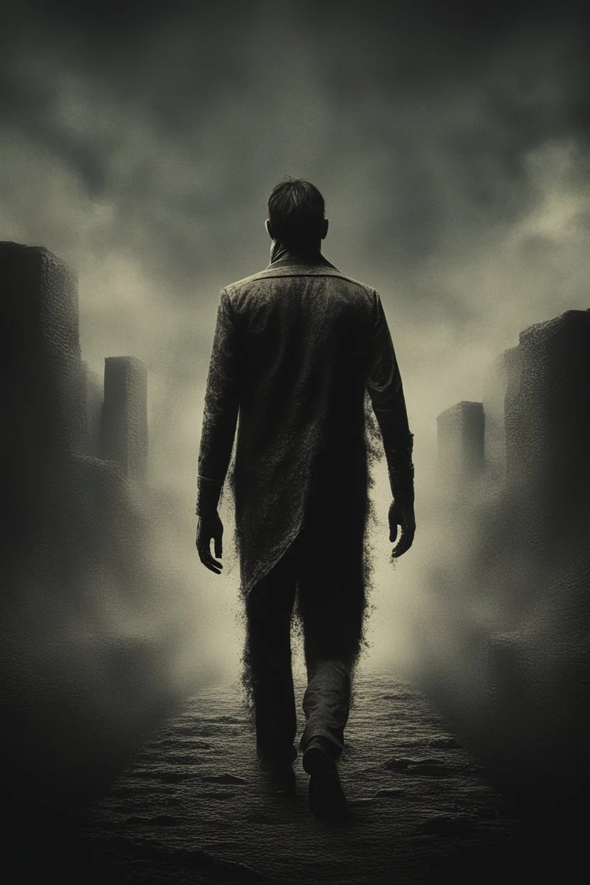 A man walking on his path to his own insanity in a metal music album cover style with an overall haze tone