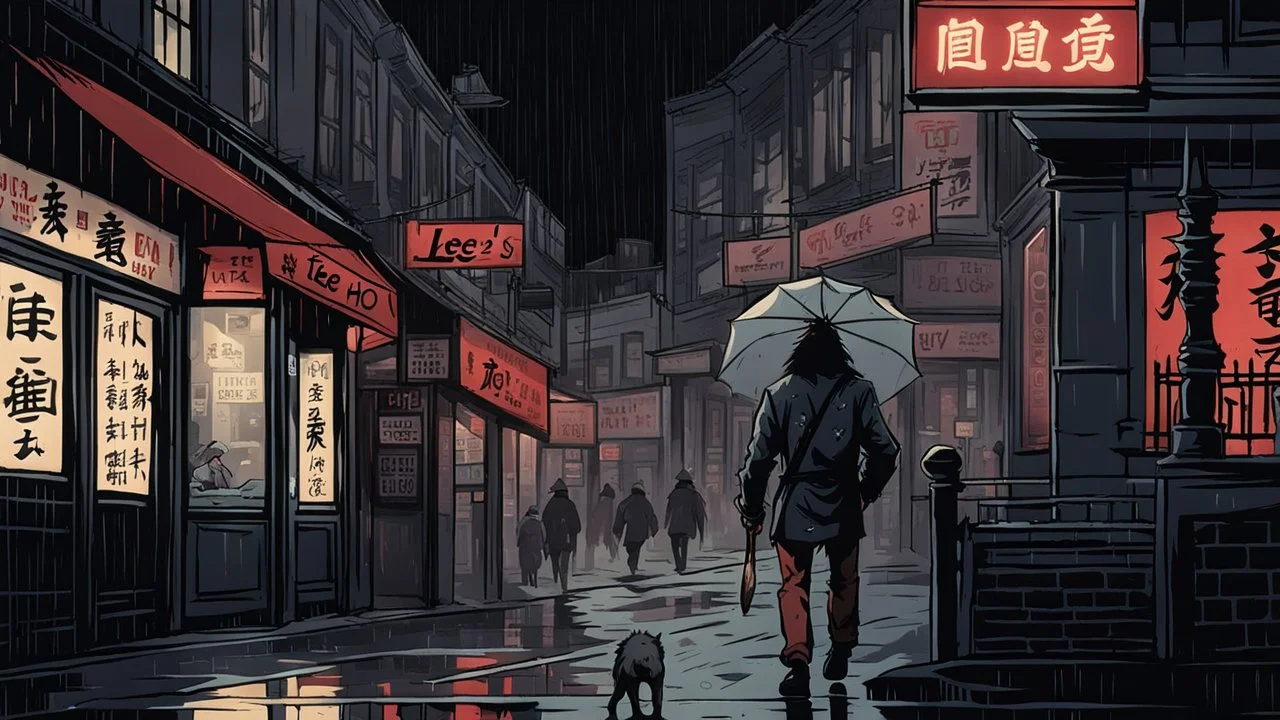 Werewolf with a Chinese menu in his hand, walking through the streets of Soho in the rain. There is a neon sign in the background on a restaurant that says "Lee Ho Fuk's".Illustration.