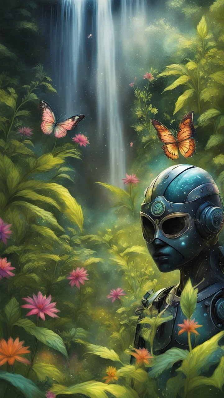 portrait of masked ninja butterfly psychedelic interdimensional robot in the garden, waterfall and elves ,lotsa wild weed, in spotlight, magazine cover illustration with spray paint, signed, bokeh like, down-light, unreal engine, prize winning