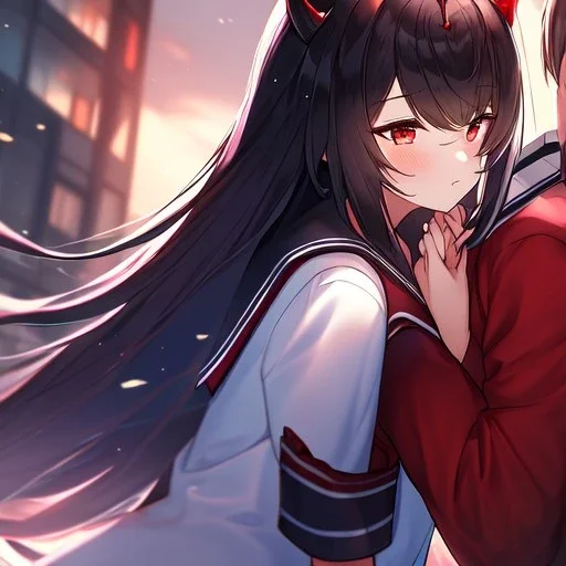 Clear focus,High resolution, Black long hair, Red eyes, Red horns, Wearing a sailor uniform, Another girl, with black long hair, Red eyes, Wearing a sailor uniform