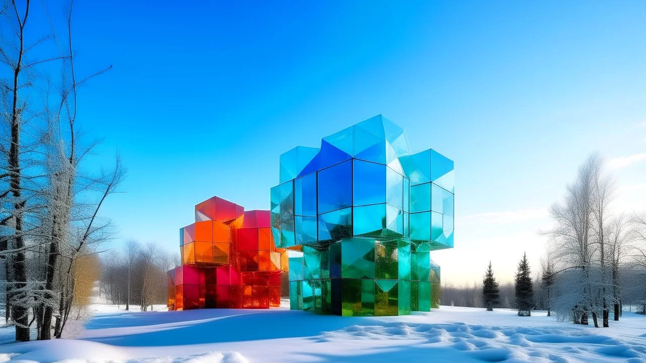Surreal architectural structure with floating colored glass prisms, in a snowy landscape.