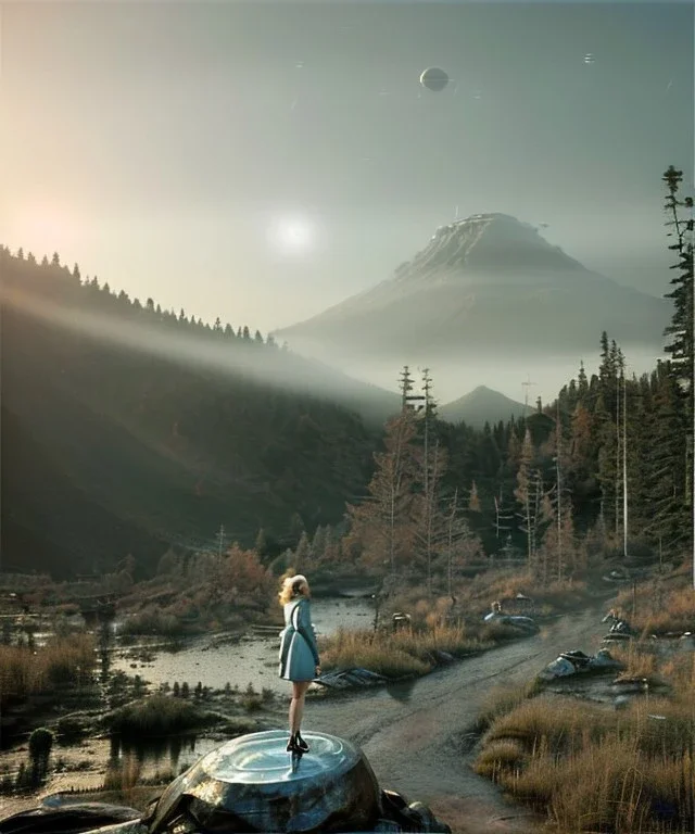 Ultra Realistic retro sci-fi 1960 scene, waist up view portrait, blonde woman, sweet young Marilyn Monroe face, perfect iris, tight latex coat, alien planet background, tight style, steel sphere dron levitating, fog, rain, soft color, highly detailed, unreal engine 5, ray tracing, RTX, lumen lighting, ultra detail, volumetric lighting, 3d, finely drawn, high definition, high resolution.