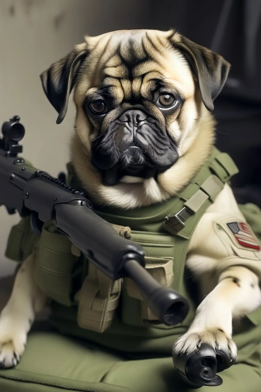 pug as a soldier with grenades guns and a p90