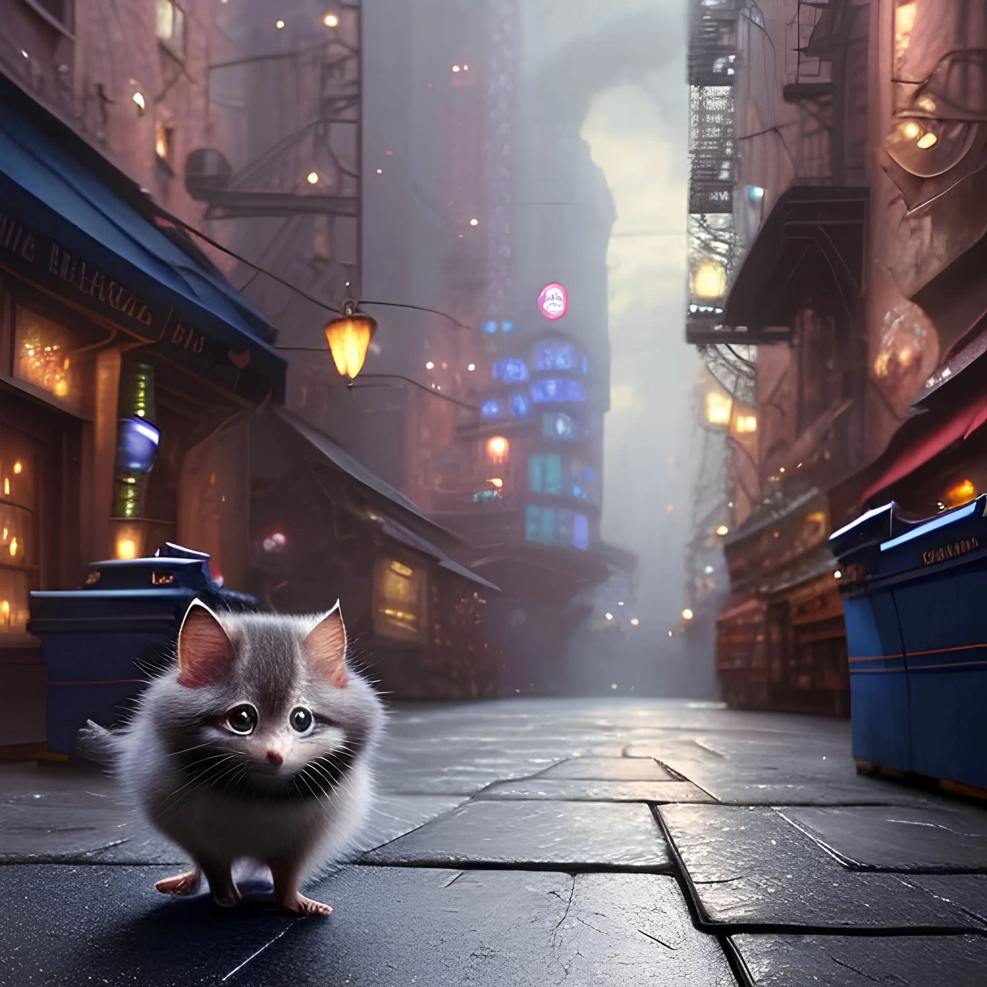 pixar style, volumetric New York City alley with steel garbage can environment and background, realistic painting of a cute Munchkin black kitten on the ground, looking excited, detailed digital painting, extreme dense and fine fur, anime, ornate, colour-washed colors, elegant, small minutiae, particulars, centered, smooth, sharp focus, renderman gofur render, 8k, uhd, detailed eyes, realistic shaded volumetric lighting