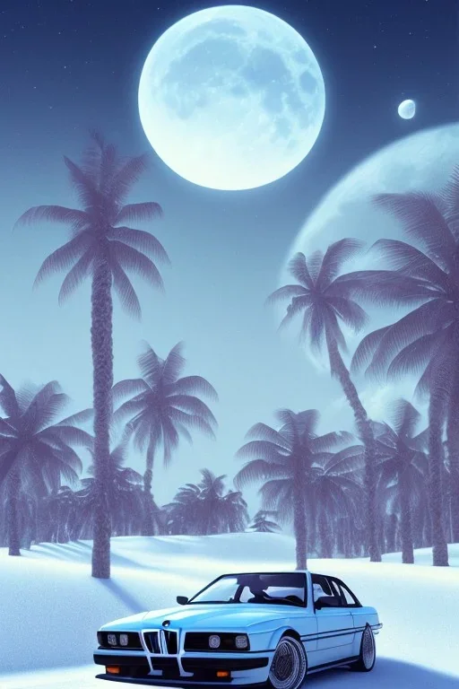 1980's aesthetic vaporwave palm trees with lighting with moon with bmw in the winter snow