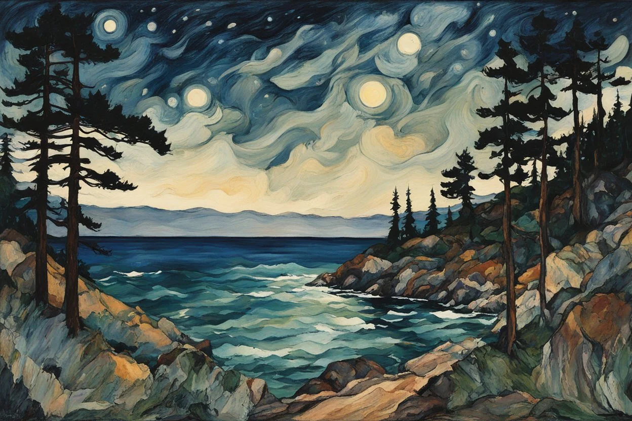 Painting of a lush coastal cedar forest along a rocky Pacific shore, beneath a star strewn summer night sky, in the Expressionist style of Egon Schiele, Oskar Kokoschka, and Franz Marc, in muted natural colors