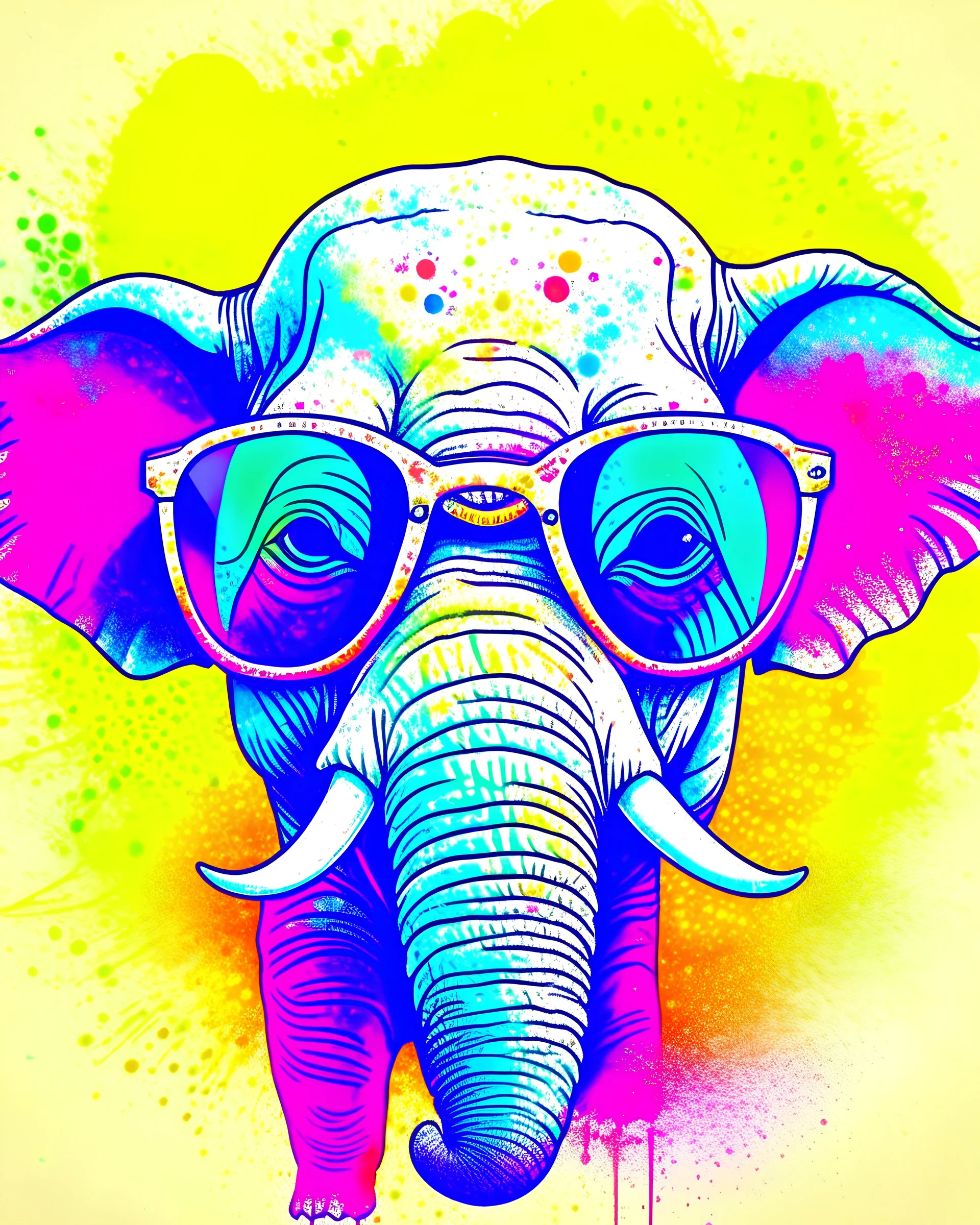 A detailed illustration a head of elephant wearing trendy sunglasses, t-shirt design, splash, t-shirt design, in the style of Studio Ghibli, pastel tetradic colors, 3D vector art, cute and quirky, fantasy art, watercolor effect, bokeh, Adobe Illustrator, hand-drawn, digital painting, low-poly, soft lighting, bird's-eye view, isometric style, retro aesthetic, focused on the character, 4K resolution, photorealistic rendering, using Cinema 4D