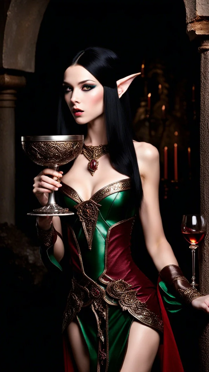 Pale elf with black hair holding a goblet of wine