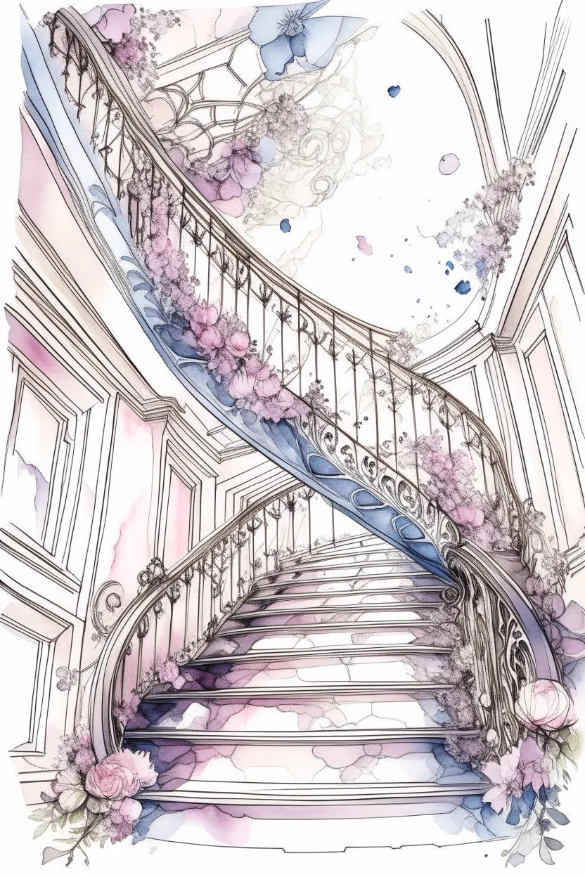 Watercolor sketch on a white background. Ink. Spiral staircase in the hall leading to the sky, pink and white hydrangeas, portraits, rococo interior, chandeliers, filigree, work of art, rich structures, elegance of lines, sparks, drapery, patterns, lavender accents, juicy, bright, sunny, hyperrealistic, top view, retro, monograms, diamond dust, ultradetalization, dots, RAW, ISO 100