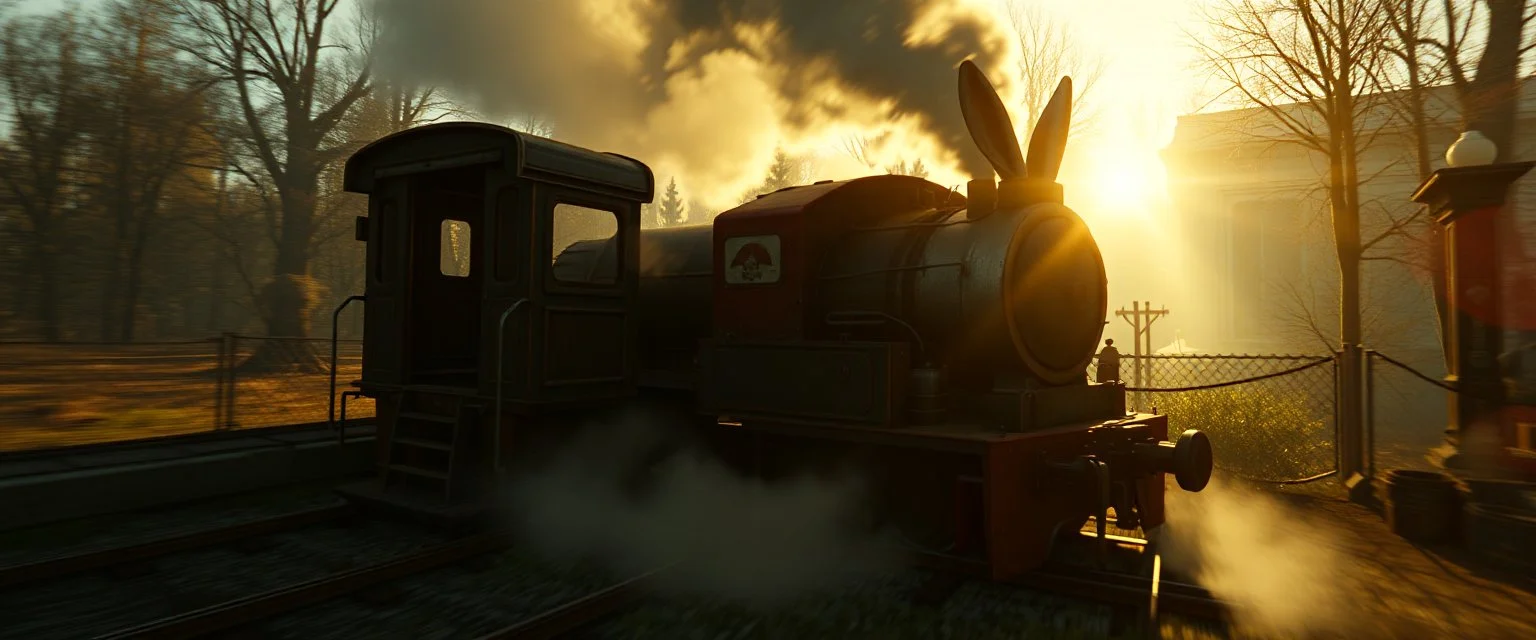 get aboard the rabbit train in the style of Rembrandt and Fallout 4, with motion blur and volume fog and sun rays and lense flare