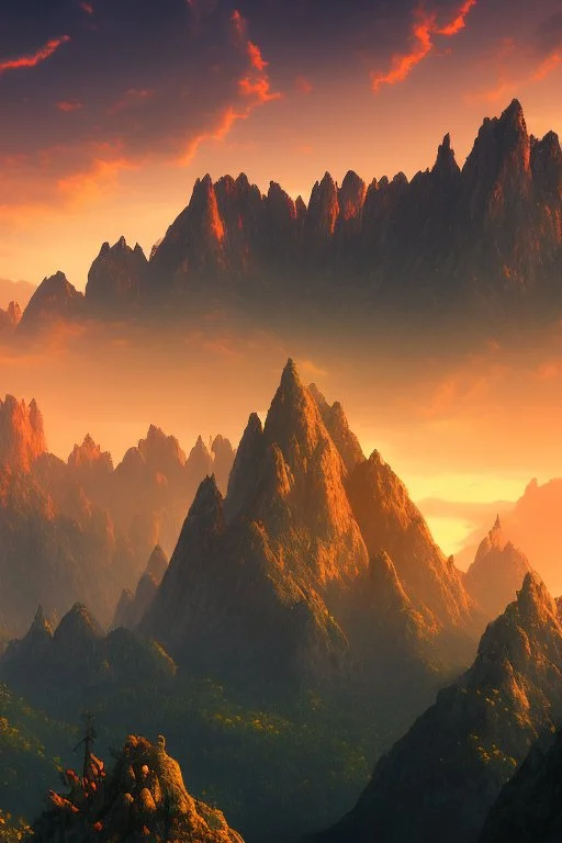 big rock mountains with and orange dawn sky with no clouds close montains anime style