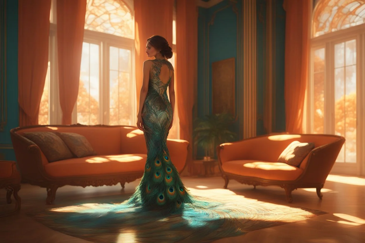 brunette woman standing in an elegant living room in a beautiful peacock feather dress in sunshine Weight:1 8k resolution concept art by Greg Rutkowski dynamic lighting hyperdetailed intricately detailed Splash art trending on Artstation triadic colors Unreal Engine 5 volumetric lighting Alphonse Mucha WLOP Jordan Grimmer orange and teal Weight:0.9