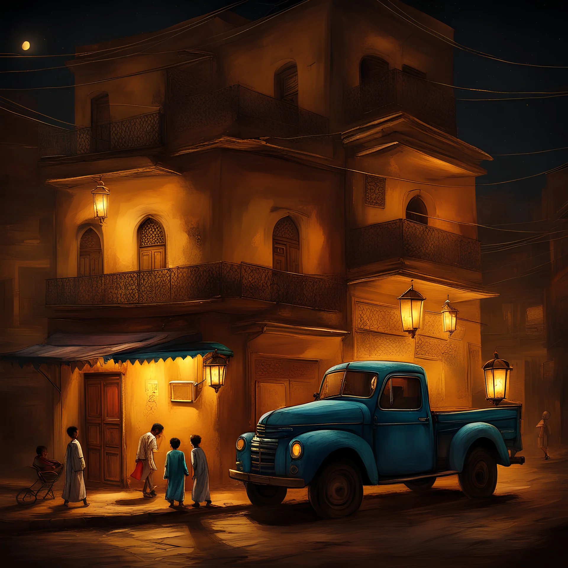 A neighborhood in Cairo, a few old Egyptian houses in the neighborhood, it is night, Ramadan lanterns are lit, and Ramadan decorations are in the neighborhood. There is a yellow truck parked in the neighborhood, and neighborhood children are carrying lanterns and walking around the neighborhood. Luminous scene, texture, realistic photo, detailed painting,