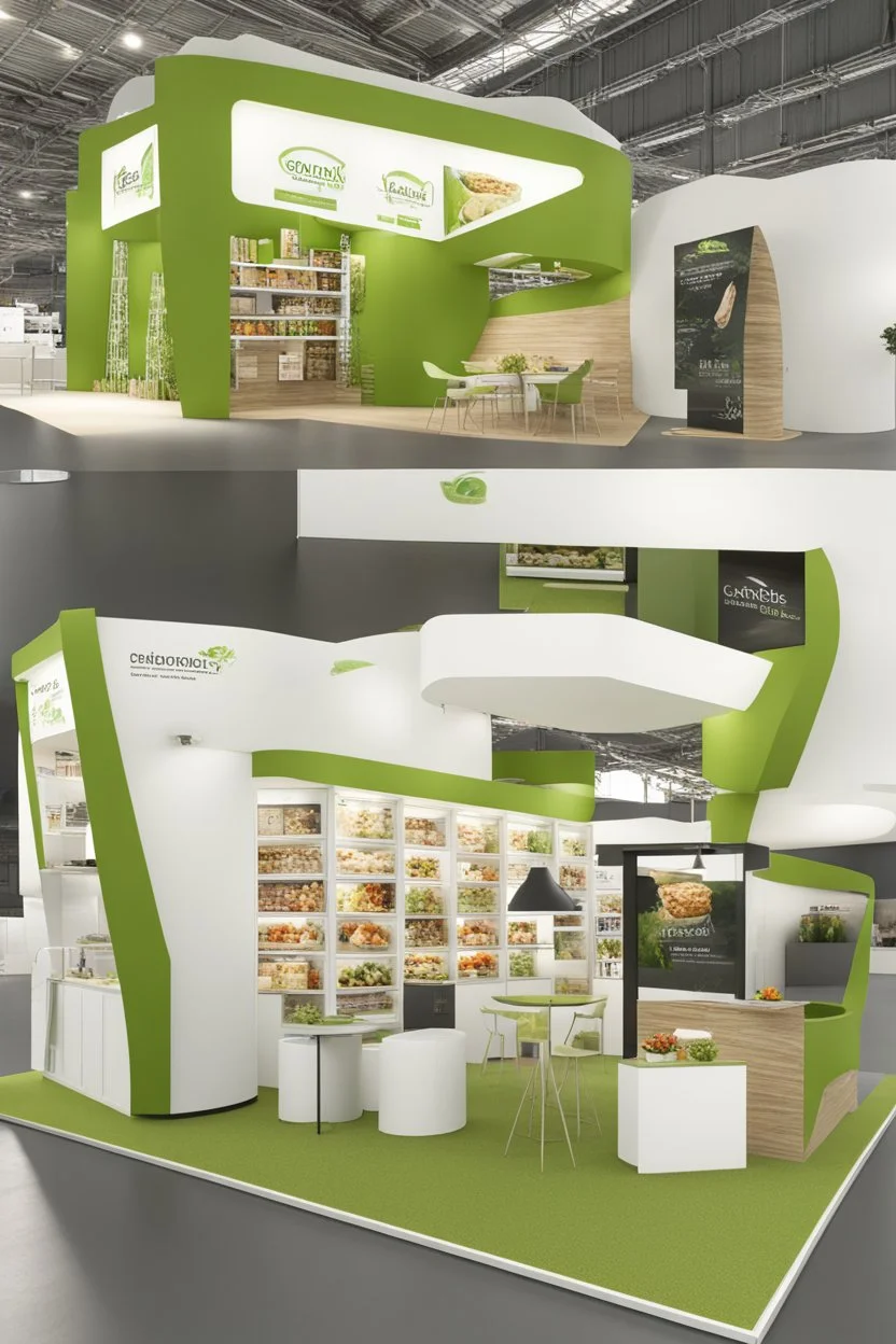 Corner green exhibition stand of a food company with product displays and a meeting area