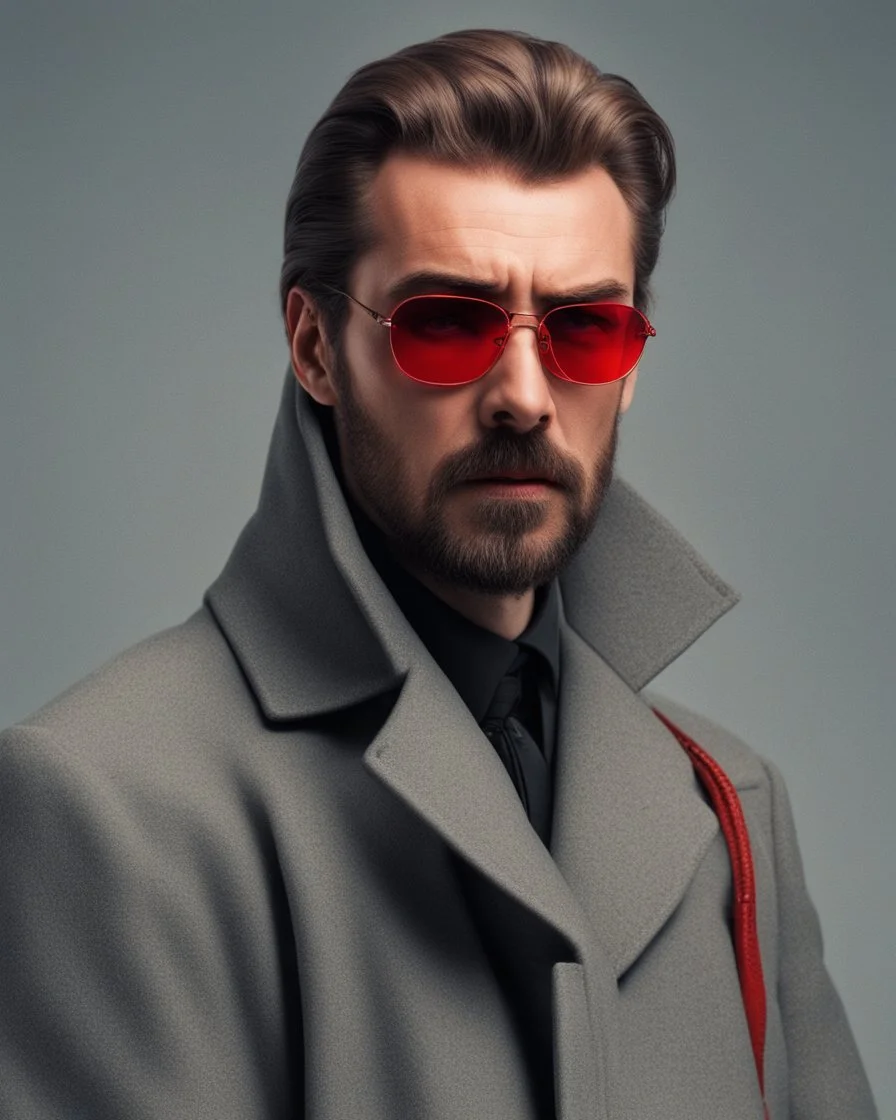 a young man who looks like hans gruber wearing a heavy coat and red sunglasses staring with an irritated look on his face