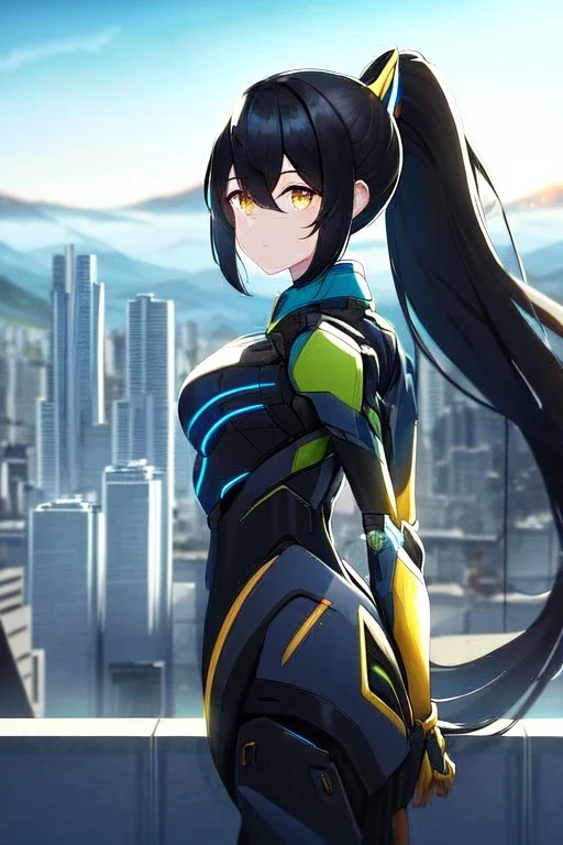 girl, masterpiece, best quality, cinematic lighting, detailed outfit, vibrant colors, perfect eyes, long hair, black hair, golden eyes, ponytail, hair between eyes, outdoors, depth of field, ray tracing, mech outfit, city, landscape,