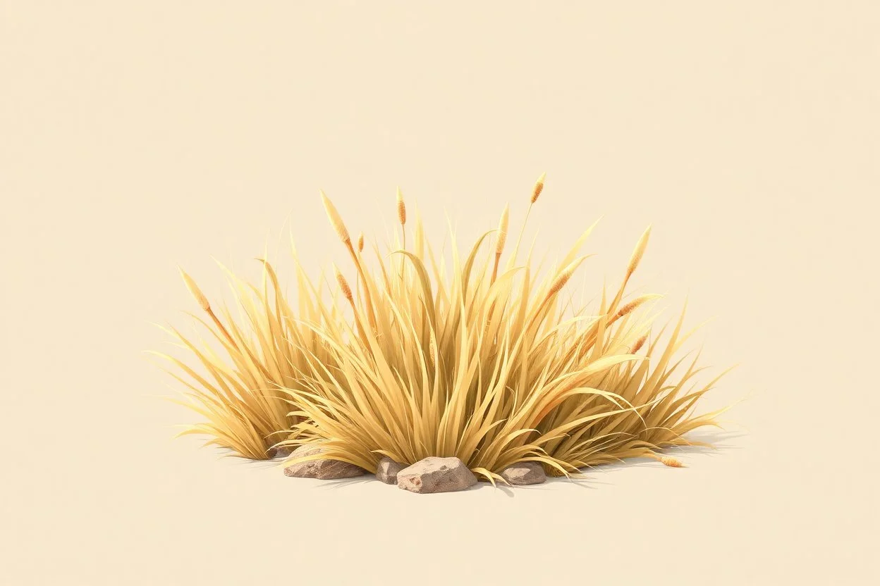 Isolated concept art of stylized alien dry grass on a plain neutral background. Simple low-poly design with minimal details, suitable for 3D modeling. The grass should look slightly alien — with unusual blade shapes, subtle color variations, and dry, brittle texture. Colors range from dusty yellow, ochre, muted green, and pale orange, blending naturally with desert or rocky terrain. No background, no shadows, clear separation of each grass clump, consistent lighting. Digital painting style