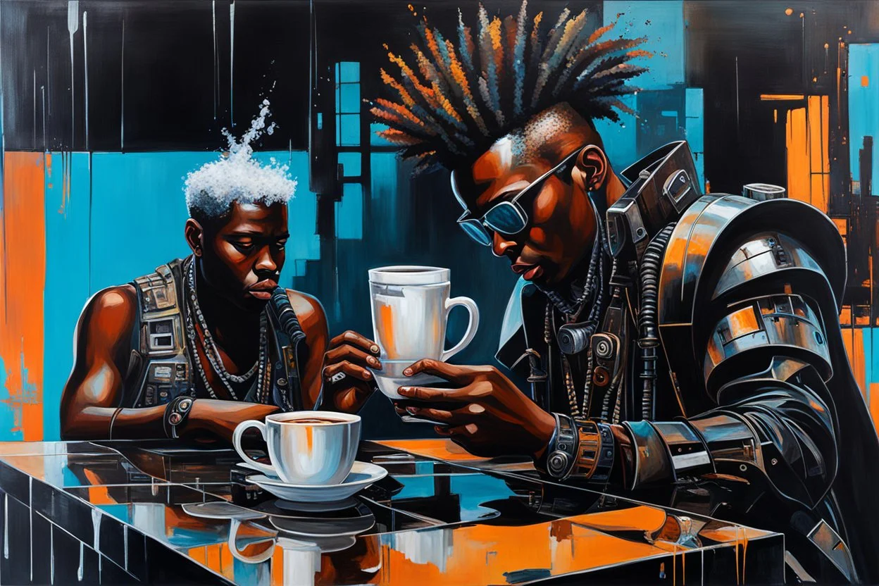 acrylic of an African cyberpunk wizard with Mohawk and crazy rusty scrappy robot drinking coffee in urban decay, black glass slabs, pseudo photo-realism, negative space, wet print, ink leak, overheat, dramatic, cinematic, sudden jolt dynamics, amazing reflections and parallels and verticals, Afro-futurism, sharp unsettling shadows, harsh contrasts, juxtaposition shock, surreal futurist architecture art, liminal space, tribal vibe and patterns, colors of light sky blue and beige and black