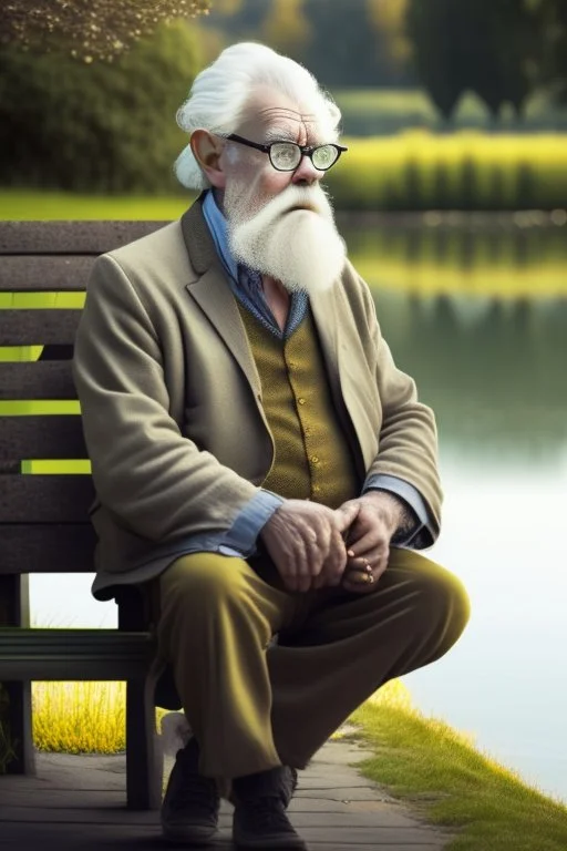 1000-year-old old English man, wise face ,glasses, cynical look, yellow mustache, eyes expressing wisdom, white beard, wrinkled cheeks, precise details, pants with slacks, sitting on a bench in the garden, in the background of a lake with swans, outdoor shot, cinematic, UHD. 20K, 300 DPI